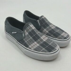 Vans Slip-On Plaid Sneakers in Gray and White